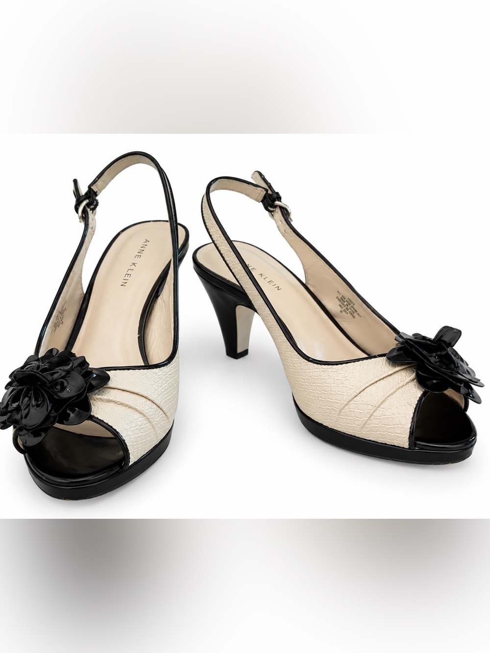 Anne Klein Vintage Cream and Black Floral Slingback Heels